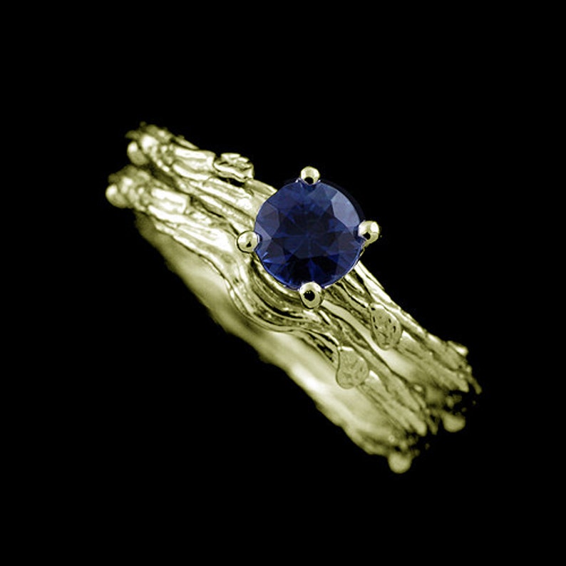 Nature Inspired Engagement Ring, Round Blue Sapphire Ring, Tree Branch Engagement Ring, Leaf Motif Solitaire Ring, 14K Gold Organic Ring image 5