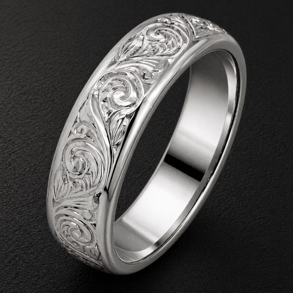 Art Nouveau Men's Wedding Band Hand Engraved Silver Ring • Vintage