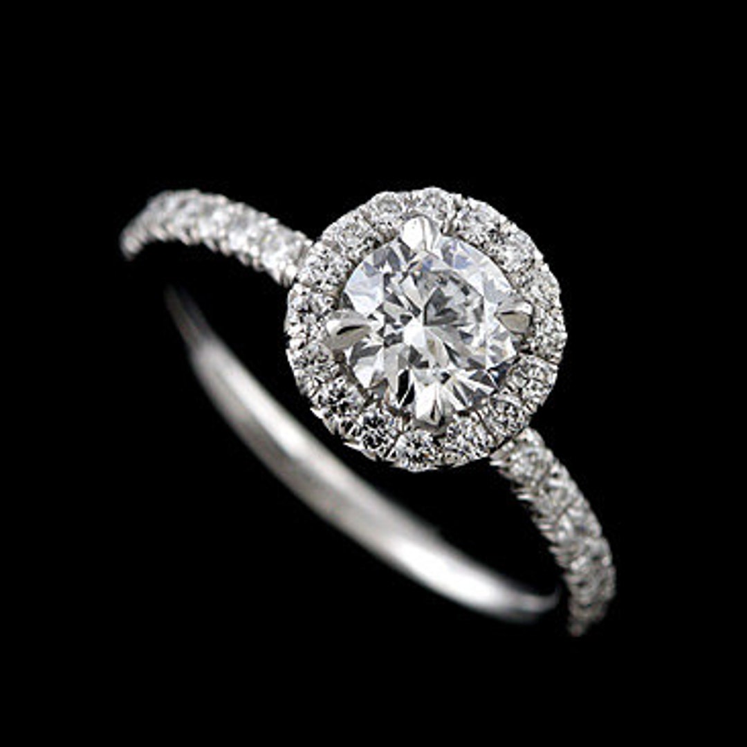 Halo Diamond Ring, Classic Engagement Ring, French Cut Micro Pave Diamond Ring, Round Halo