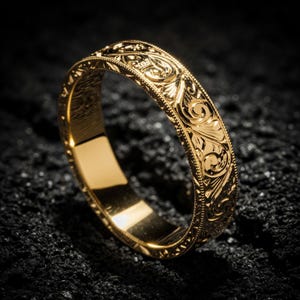 Edwardian Scroll Engraved Men’s Wedding Band – Hand-Carved Ring in 14K Gold or Platinum