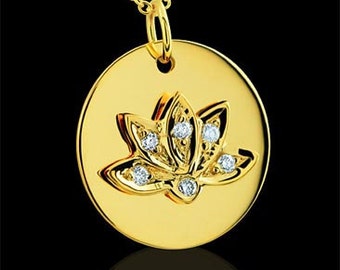Diamond Lotus Flower Necklace, Sacred Lotus Necklace, Yellow Gold Diamond Lotus Flower, Buddhist Symbol Pendant, Cable Chain Lobster Clasp