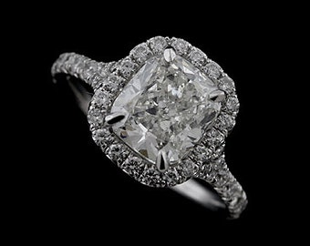 Halo Cushion Moissanite Ring , French Pave Diamond Engagement Ring, Halo Split Shank Ring, Cushion Cut Engagement Ring,