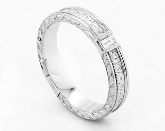 Diamond Baguette Wedding Band, Antique Engraved Ring, Solitaire Diamond Vintage Band, OroSpot, Art Deco Band, Floral Engraved Band,