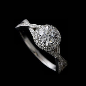 Natural Diamond Engagement Ring, Split Twisted Halo Ring, Micro Pave Diamond Proposal Ring, Thin Delicate Ring, Intertwined Shank Ring image 1