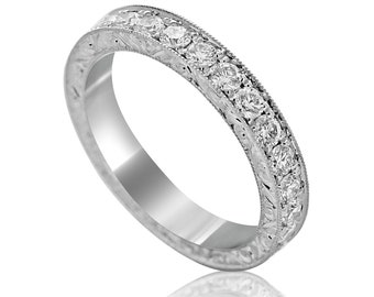 Diamond Art Deco Eternity Band 3mm, Vintage Hand Engraved Wedding Ring, Scroll Engraved Brilliant Ring,