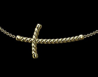 Curved Twisted Sideways Cross Pendant, Gold Side Necklace, Off Side Cross, Religious Christianity Symbol Necklace, Cross Cable Chain