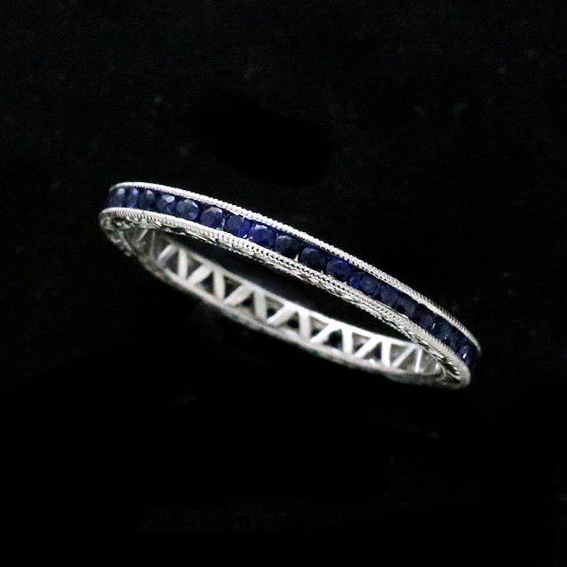 Sapphire Wedding Ring Hand Engraved Antique Style Channel Etsy