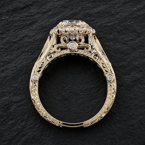 Vintage Art Deco Halo Engagement Ring, Hand Engraved, 1.5ct Lab Diamond, 14K Gold or Platinum
