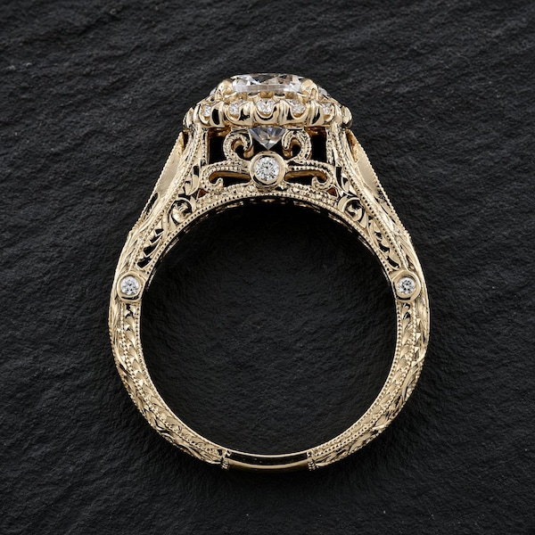 Vintage Art Deco Halo Engagement Ring, Hand Engraved, 1.5ct Lab Diamond, 14K Gold or Platinum