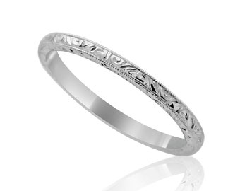 Engraved Stackable Women&#39;s Wedding Ring, Thin Rounded Wedding Ring, Straight Crafted Wedding Ring, Delicate Art Deco Wedding Ring 1.6mm