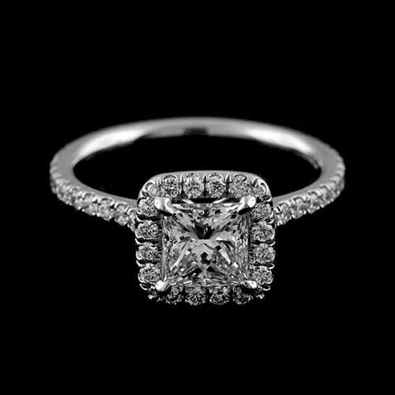 Cut Down Micro Pave Set Diamond Halo Engagement Ring Princess Cut Setting And Matching Wedding Band Set image 3