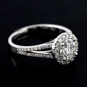 Diamond Halo Engagement Ring, 1CT Forever One Moissanite Ring, Split Shank Engagement Ring, Modern Classic Style 14K Gold Platinum Ring image 4