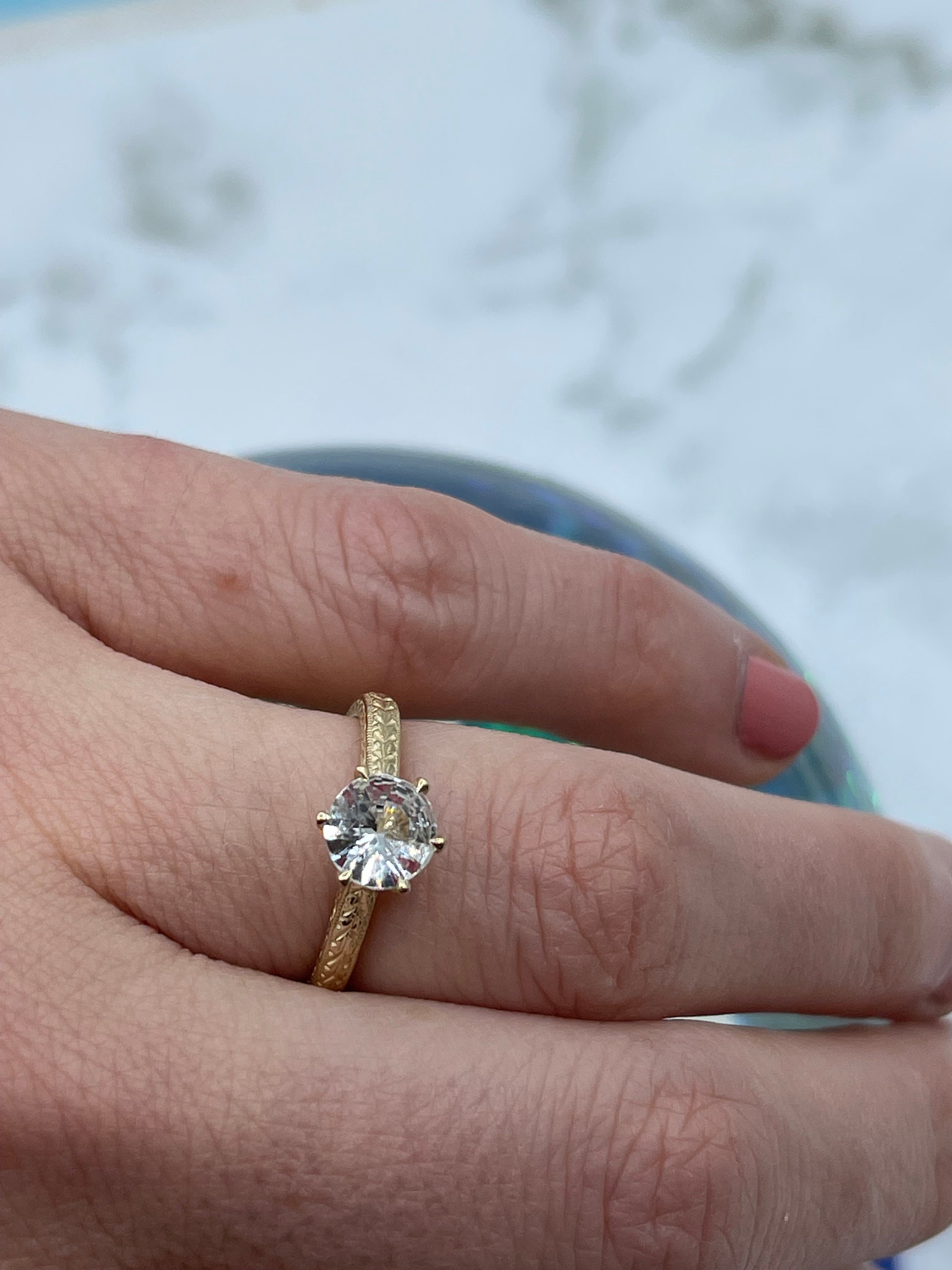 Six Prong Ring, Wheat Engraved Engagement Ring, Solitaire