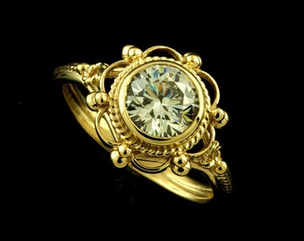 Victorian Engagement Ring, Round Cubic Zirconia Ring, Bezel Engagement Ring, Twisted Design Filigree Ring, Synthetic Stone Yellow Gold Ring