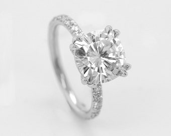 Platinum Cushion Moissanite Diamond Engagement Ring, Forever One Cushion Diamond Ring, Modern Contemporary Promise Ring