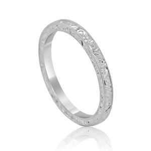 Hand Engraved Eternity Wedding Band, Art Deco Style Wedding Ring, Women's Straight Flat Band, 14K Gold Platinum Palladium 2.1mm