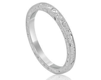 Hand Engraved Eternity Wedding Band, Art Deco Style Wedding Ring, Women's Straight Flat Band, 14K Gold Platinum Palladium 2.1mm