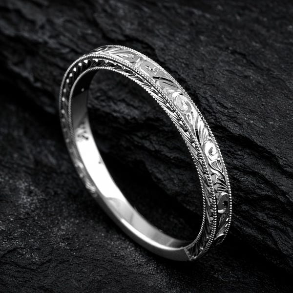 Engraved Sculpted Wedding Band, Flat Straight Wedding Ring, Antique Style Women's Wedding Band, 14K Gold Nickel Free Platinum 1.8mm Wide