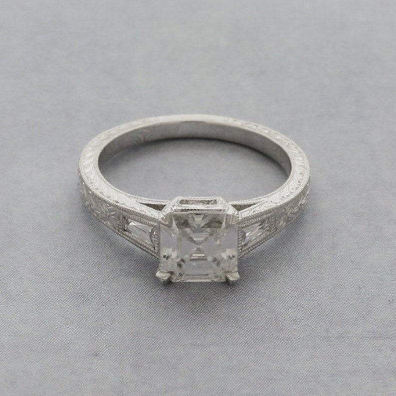 Art Deco Engagement Ring Baguette Diamond Ring Hand Carved Etsy