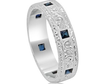 Art Deco French Cut Sapphires Men's Wedding Band Ring 14k White Gold, 6mm Wide, Hand Engraved