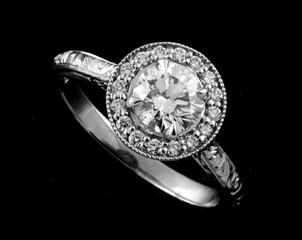 Moissanite Engagement Ring, Halo Diamond Ring, 6mm Forever One Moissanite Ring, 14K Gold Vintage Engraved Ring, Round Halo Engagement Ring