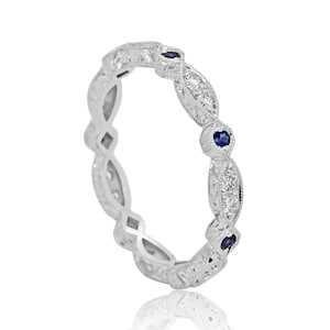 Art Deco Sapphire Diamond Wedding Band, Eternity Hand Engraved Wedding Band, Marquise Hexagram Band, Antique Replica Ring,