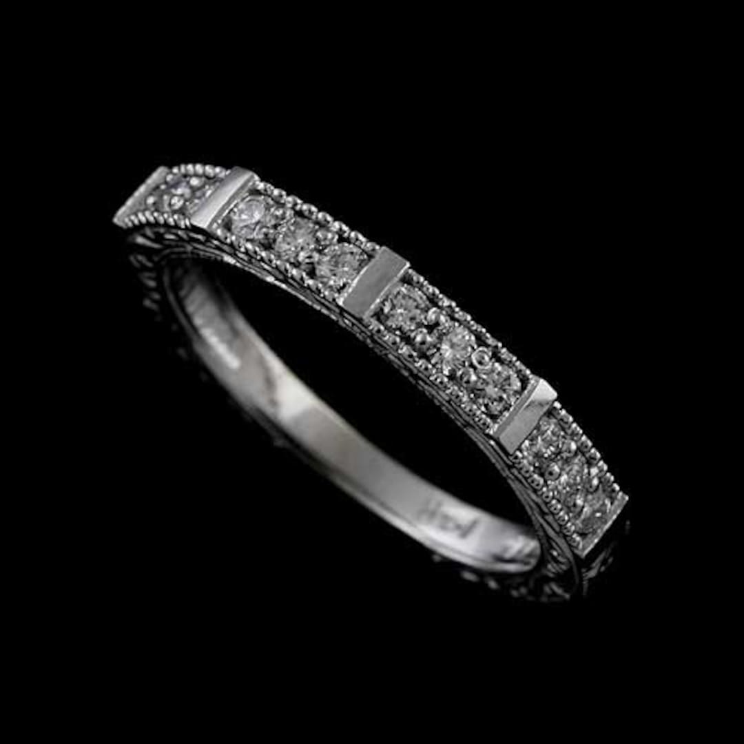 Diamond Wedding Ring, Engraved Milgrain Wedding Band, Prong Set Vintage