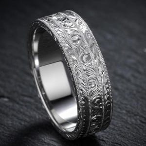 Art Deco Men’s Wedding Band Hand Engraved Flat Antique Replica Ring, Two-Pattern Vintage 14K Gold, Platinum or Palladium Band