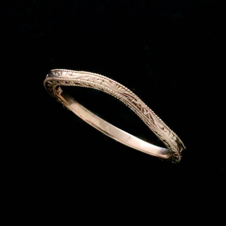 Skinny Engraved Band, Art Deco Replica Wedding Band, Contour Wedding Ring, Delicate Wedding Band 1.6mm, 14K Gold Nickel Free Gold Platinum image 6