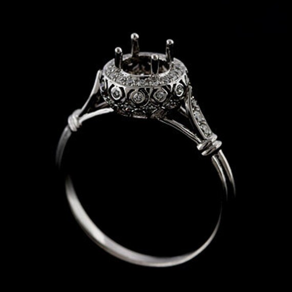 14k White Gold 5mm Round Halo Vintage Filigree Semi-Mount Engagement Ring 14k White Gold 5mm Round Halo Vintage Filigree Semi-Mount Engagement Ring