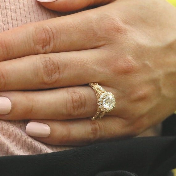 Vintage Filigree Ring, Colorless Moissanite Ring, Halo