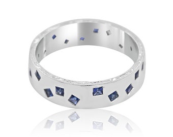 One of a kind, Unique scattered sapphire men's wedding ring 14k white gold, size 10, hand engraved sides