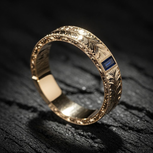 Vintage Sapphire Men’s Wedding Band – 6mm Hand-Engraved Wheat Ring in 18K Gold or Platinum
