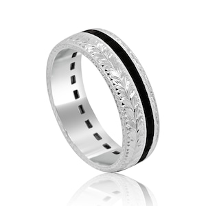 Antique Black Diamond Men’s Wedding Ring – Hand Engraved Eternity Band – 6mm White Gold Gemstone Ring for Him by OroSpot