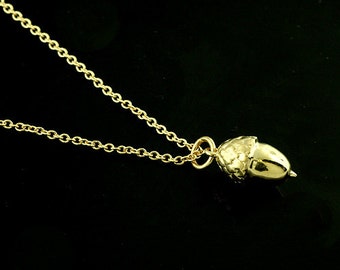 Gold Acorn Necklace, Acorn Charm Pendant Necklace, Solid Gold Petite Acorn, Dainty Necklace Cable Chain With Lobster Clasp