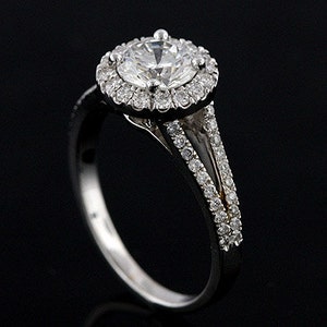 Halo Diamond Ring, Split Shank Engagement Ring, Micro Pave Diamond Ring, Half Way Diamond Ring, Gold Platinum Ring Setting For Round Stone image 2