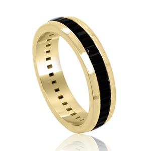 Onyx Men&#39;s Ring, Eternity Channel Baguettes Onyx Men&#39;s Wedding Band, 6mm Wide Yellow Gold Gemstone Men&#39;s Wedding Ring, Black Stone