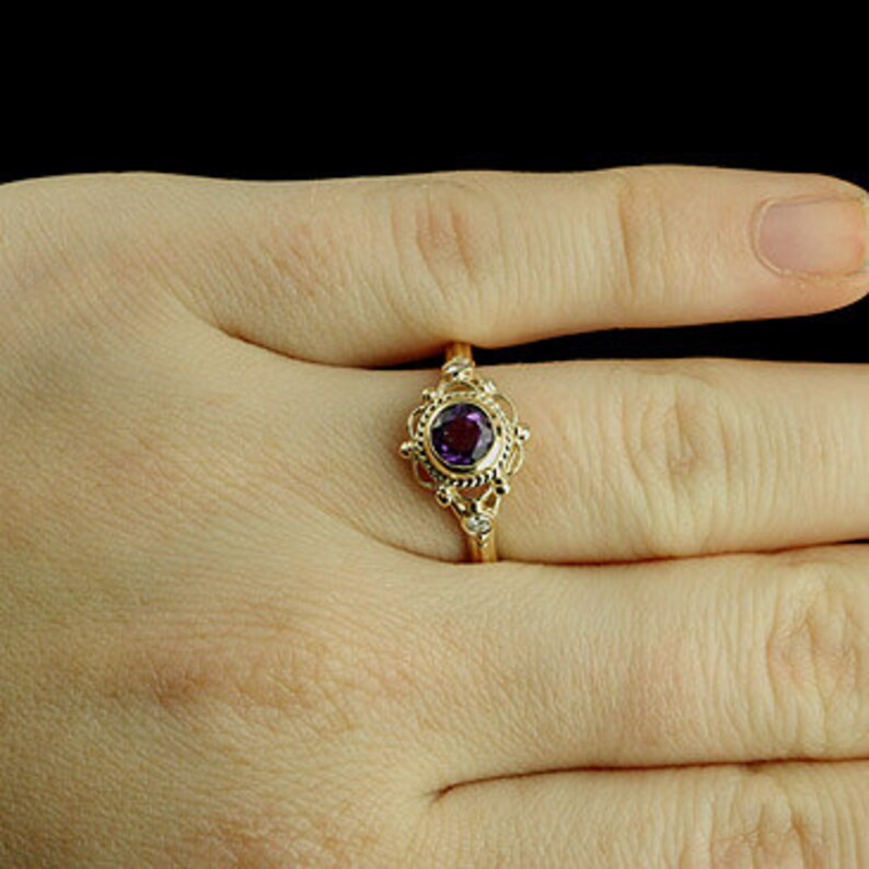 Victorian Amethyst Engagement Ring, Diamond Bezel Set Anniversary Ring, Vintage Filigree Design Ring, Twisted Yellow Gold Engagement Ring image 4