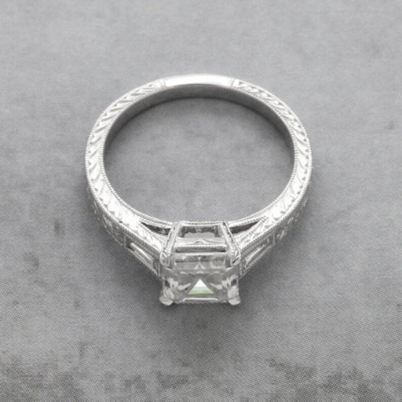 Art Deco Engagement Ring Baguette Diamond Ring Hand Carved Etsy
