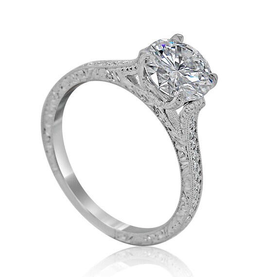 Art Deco 2CT Diamond Engagement Ring, Vintage Hand Engraved Ring, Pave Diamond Ring, Antique Solitaire Cathedral Ring, Cathedral Style Ring