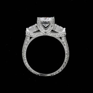 Three Stone Ring, Forever One Moissanite Engagement Ring, Hand Engraved Proposal Ring, Replica Art Deco Ring, Moissanite Engagement Ring
