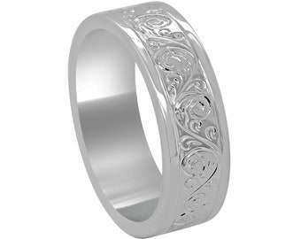 Art Nouveau Men's Wedding Band, Scroll Engraved Men's Wedding Ring 7mm Wide, Vintage Men's Band