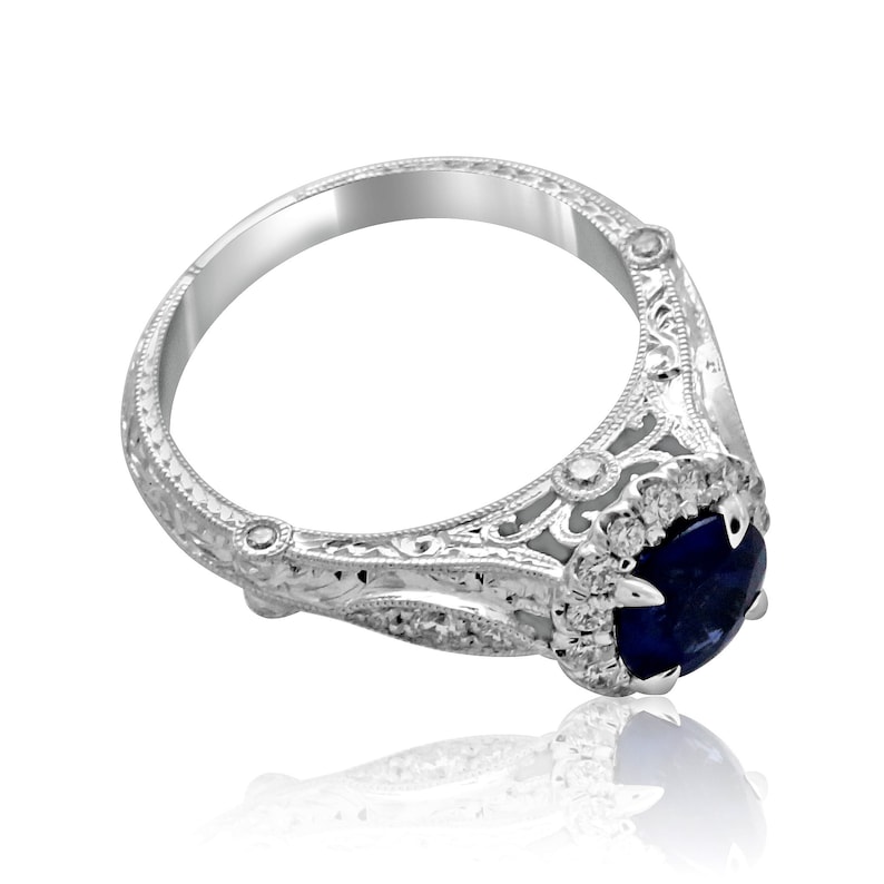 Filigree Sapphire Engagement Ring, Diamond Halo Ring, Antique Style ...