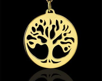 Tree Of Life Necklace, Gold Family Tree Of Life Pendant, Tree of life Round Disc, Cut Out Tree Of Life Necklace, Cable Chain Lobster Clasp