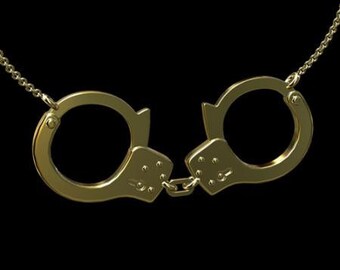 Handcuffs Pendant, Yellow Gold Police Handcuffs Necklace, Gold Handcuffs With Cable Chain, Lobster Clasp Handcuffs Necklace