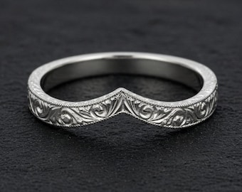 Chevron 14k White Gold Wedding Band, Engraved Art Deco Milgrain Ring Guard