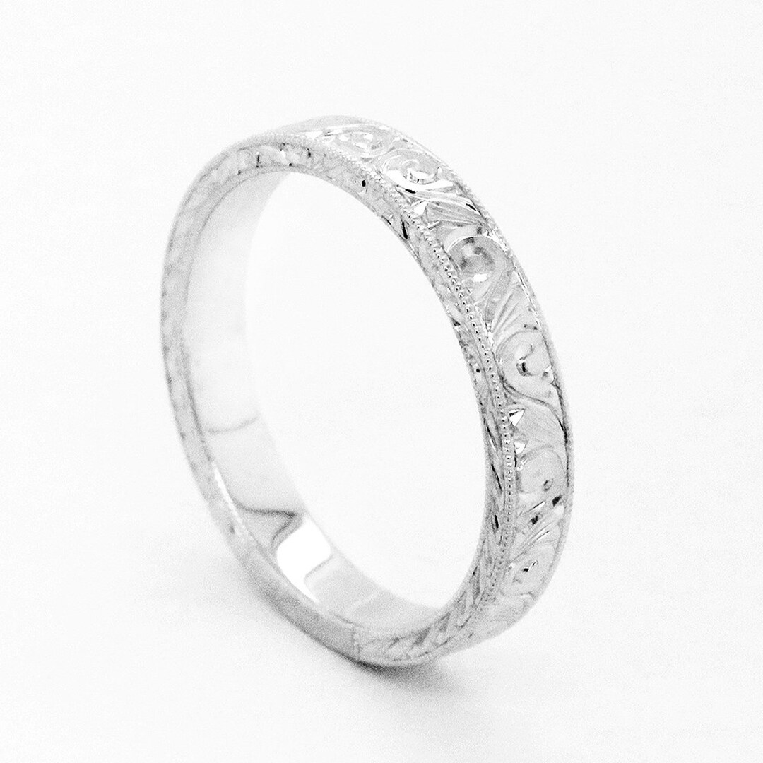 Antique Hand Engraved Wedding Band, Vintage Scroll Engraved Band, 3mm ...