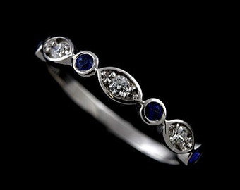 Diamant Saphir Ehering, blau Saphir Frauen Ehering, Half Way klassische Ehering, Marquise Gold Platin Ehering 3,2 mm