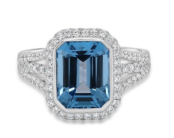 Blue Topaz Emerald Halo Engagement Ring, Triple Split Shank Ring, French Pave Diamond Ring, Emerald Cut Proposal Ring,