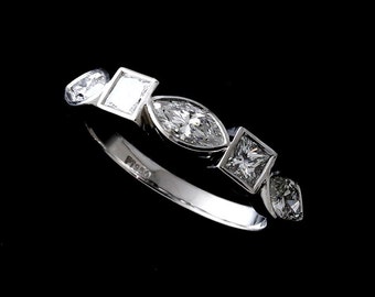Marquise Diamond Ring, Princess Square Wedding Ring, Bezel Set Half Way Wedding Band, Platinum 4mm Marquise Women's Wedding Ring
